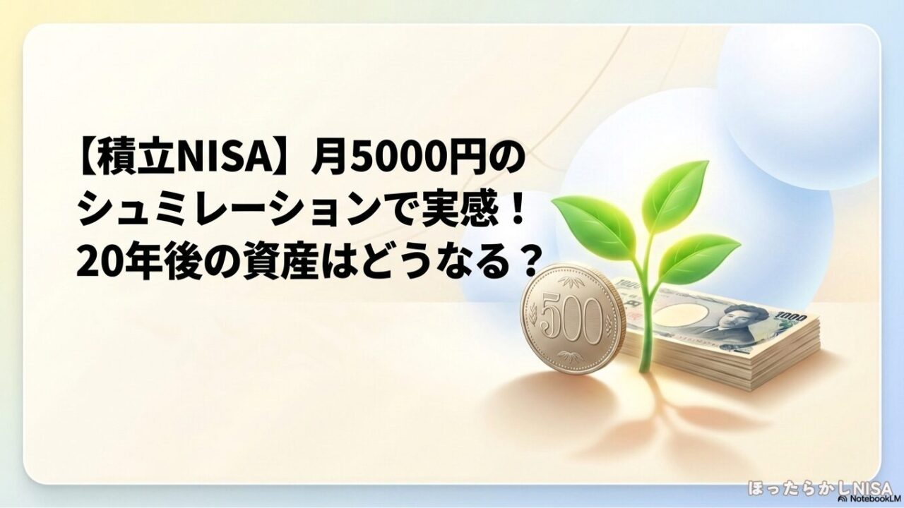 積立NISAで月5000円のシュミレーションを行い、20年後の資産がどうなるかを解説するタイトル画像