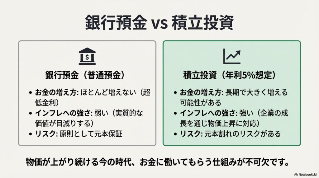 銀行預金と積立投資の比較表。お金の増え方、インフレへの強さ、リスクの違いについて