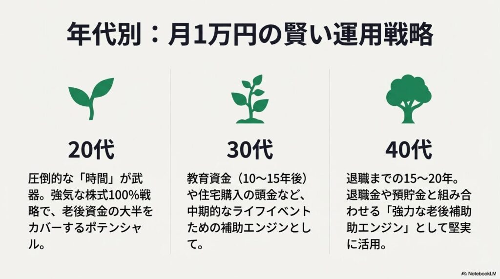 20代、30代、40代それぞれの年代別積立投資戦略。20代は時間を武器に、30代はライフイベントの準備、40代は老後資金の補助エンジンとして活用