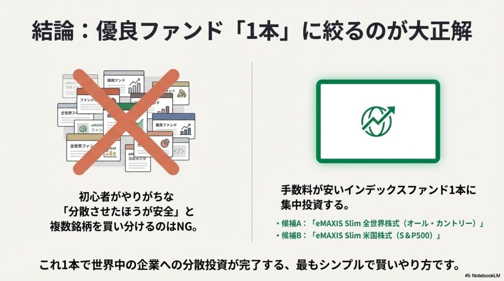 複数銘柄への分散投資はNG。手数料が安いeMAXIS Slim全世界株式や米国株式S&P500などのインデックスファンド1本に集中投資するのが正解
