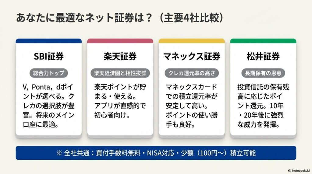 あなたに最適なネット証券は？SBI証券、楽天証券、マネックス証券、松井証券の主要4社比較