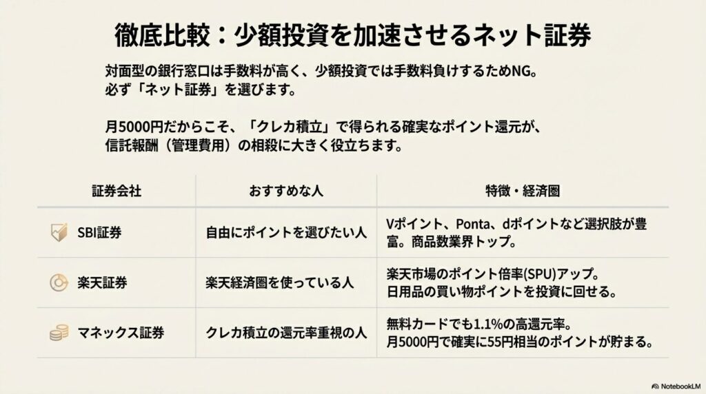 SBI証券、楽天証券、マネックス証券の特徴とおすすめな人を比較した表