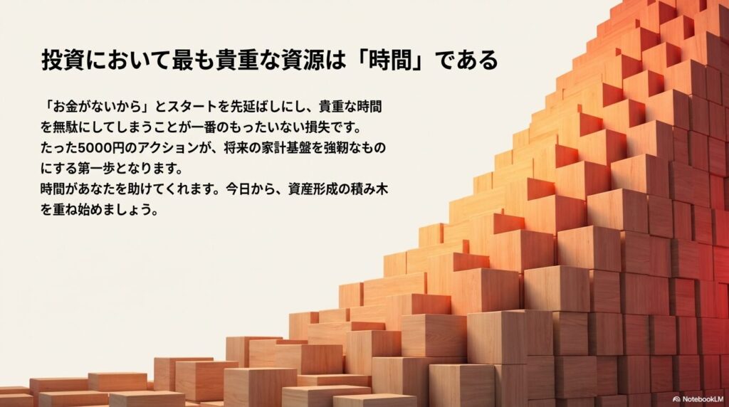 投資において最も貴重な資源は時間であり、スタートを先延ばしにせず第一歩を踏み出すことの重要性