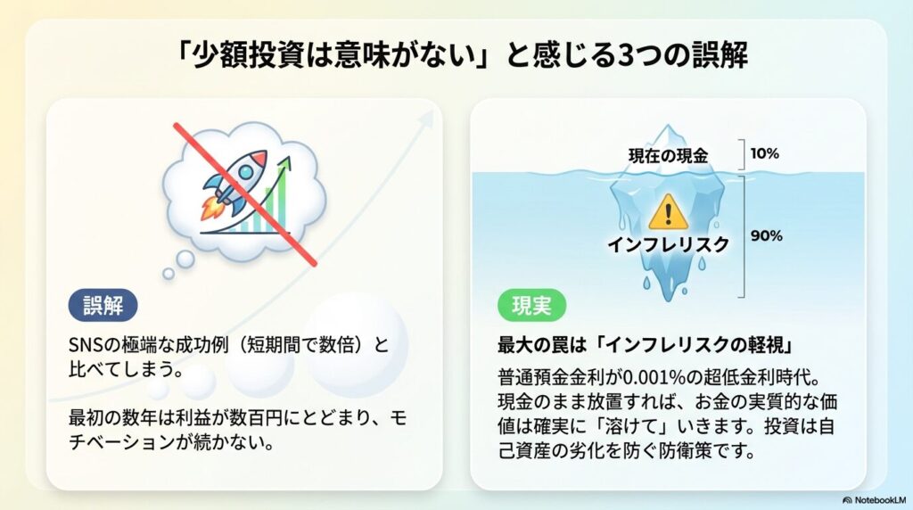 少額投資は意味がないと感じる3つの誤解や、現金のまま放置して資産が劣化するインフレリスクを図解