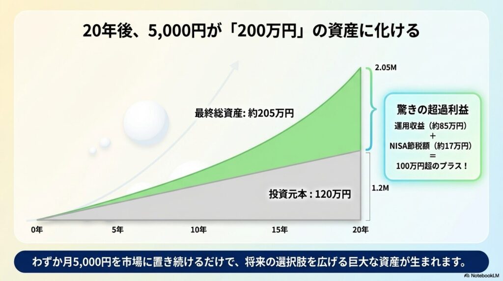 毎月5000円を20年間積立投資した場合、投資元本120万円が運用収益とNISA節税額を合わせて約205万円になるシミュレーションのグラフ
