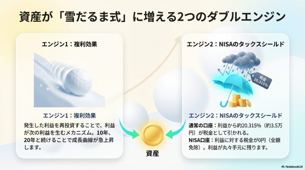 資産が雪だるま式に増える2つのダブルエンジンとして、複利効果と税金が0円になるNISAのタックスシールドを解説したイメージ図