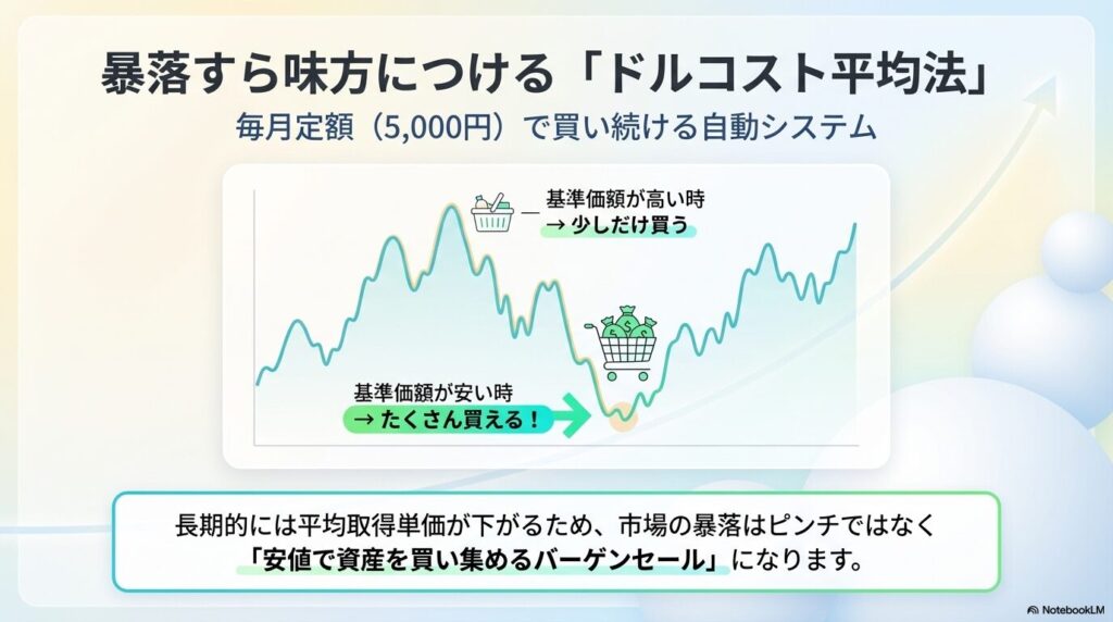 毎月定額で買い続けることで、基準価額が高い時は少しだけ買い、安い時はたくさん買えるドルコスト平均法のイメージ図