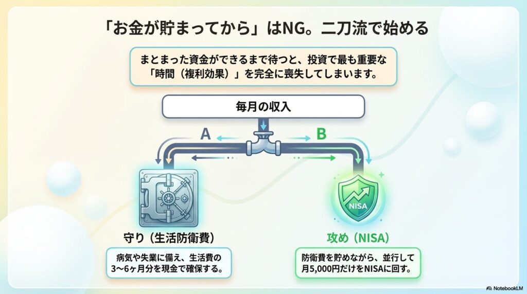 まとまった資金ができるのを待たずに、守りの生活防衛費と攻めのNISAを並行して始める二刀流のイメージ図