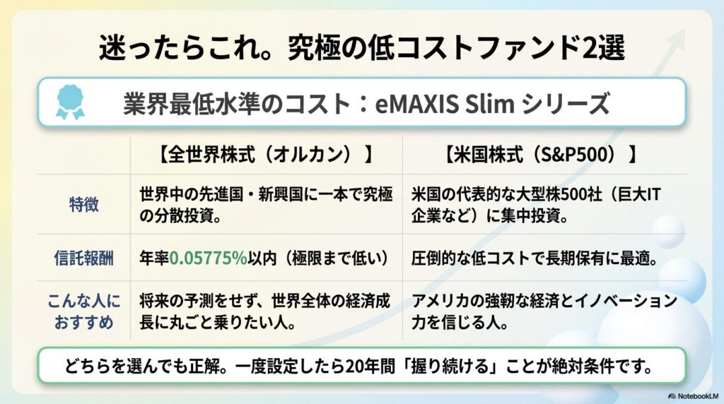 業界最低水準のコストであるeMAXIS Slimシリーズの、全世界株式（オルカン）と米国株式（S&P500）の特徴や信託報酬の比較表