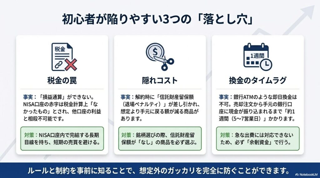 NISA初心者が陥りやすい税金の罠、隠れコスト、換金のタイムラグという3つの落とし穴を示すイラスト