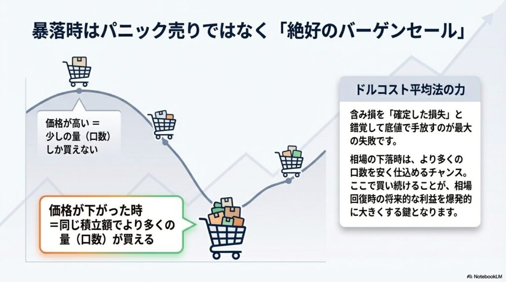 価格が高い時は少ししか買えず、下がった時は同じ積立額でより多く買えるドルコスト平均法の仕組みを買い物カートで表現したイラスト