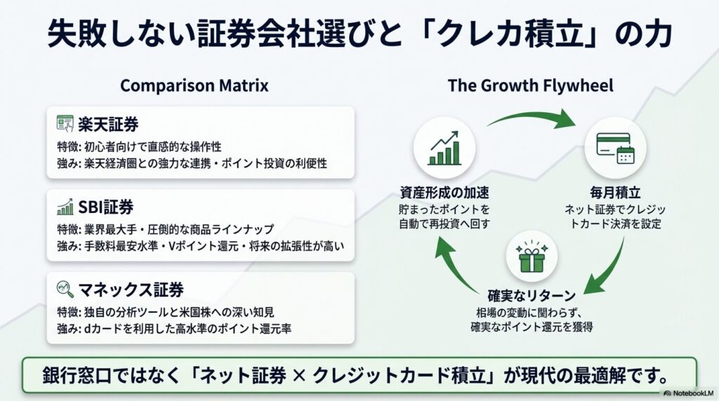 楽天証券、SBI証券、マネックス証券の特徴比較と、クレカ積立による資産形成の加速サイクルを示す図解