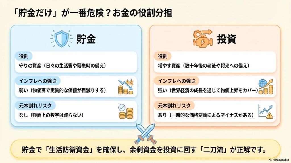 守りの資産である貯金と、増やす資産である投資の役割やインフレへの強さ、リスクの違いを比較した表