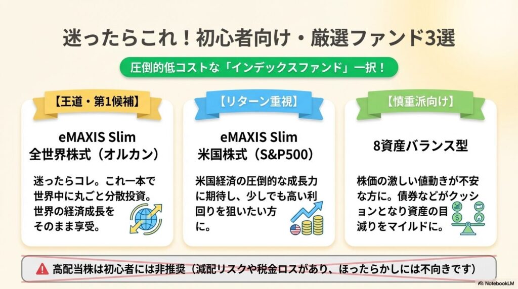 初心者におすすめのインデックスファンドとして、オルカン、S&P500、8資産バランス型の3つを紹介する図解