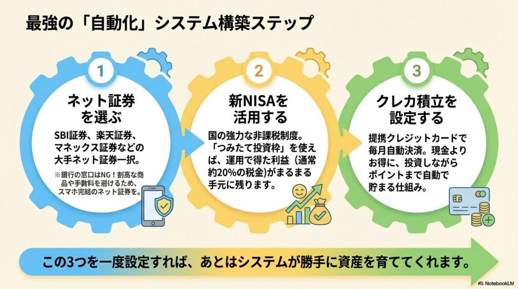 ネット証券を選び、新NISAを活用し、クレカ積立を設定するという、ほったらかし投資の自動化システムを作る手順