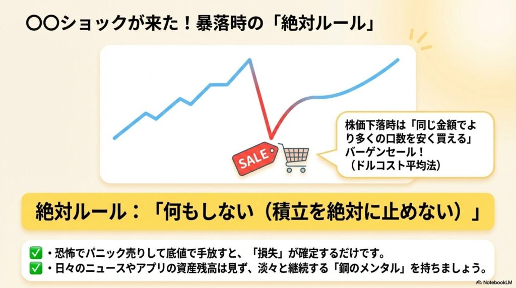 株価暴落時は安く買えるバーゲンセールであり、積立を止めずに何もしないことが絶対ルールであることを説明する図解